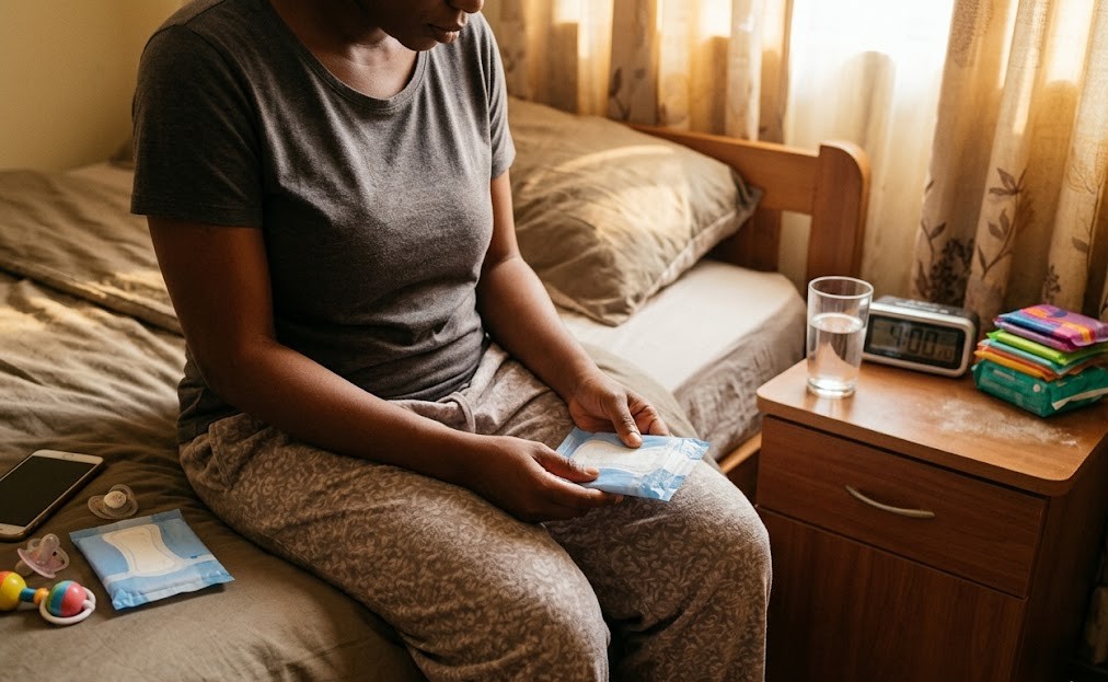 Woman holding incontinence pad on bed